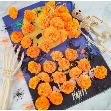 JMUQ 80 Pcs Artificial Marigold Flowers, 2 inch Silk Marigolds Bulk with Stems, Orange Artificial Flowers for Dia De Los Muertos Diwali Home Decor Marigold Garland Day of The Dead Decorations