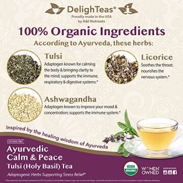 DelighTeas Tulsi Holy Basil Tea | Eco-Conscious Pyramid Tea Bags | Ayurvedic Tulsi, Ashwagandha Adaptogen Blend | USDA Organic, Caffeine Free, Kosher | 16 Tea Bags, 4g each