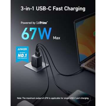 Anker Prime 67W USB C Charger, Anker GaN 3-Port Compact Fast PPS Wall Charger, For MacBook Pro/Air, Pixelbook, iPad Pro, iPhone 15/14/Pro, Galaxy S23/S22, Note20, Pixel, Apple Watch