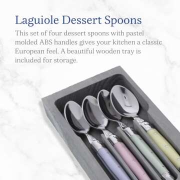 Jean Dubost Laguiole 4-Piece Coffee/Dessert Spoons, Pastel Handles - Rust-Resistant Stainless Steel - Includes Wooden Tray - Made in France