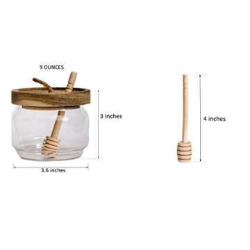 Honey Jar Pot Glass Holder Dispenser Set with Wooden Dipper Stick and Acacia Lid Cover for Home Kitchen, Clear, Modern Honey Syrup Glass Container for Storage Gift, Honey Pot and Drizzler (9 Oz)