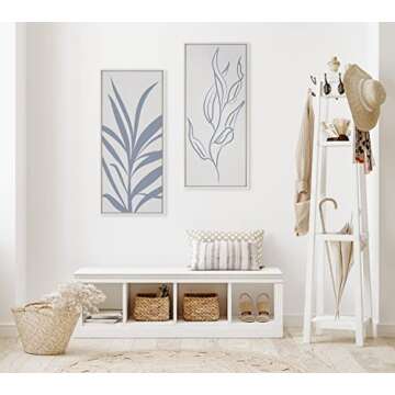 Kate and Laurel Sylvie Muted Illustrated Botanical Light Blue and Beige Framed Canvas Wall Art by The Creative Bunch Studio, 18x40 White, Leaf Plant Art for Wall