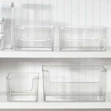 mDesign Modern Plastic Open Front Dip Storage Organizer Bin Basket for Home Office Organization - Shelf, Cubby, Cabinet, and Closet Organizing Decor - Ligne Collection - 4 Pack - Clear