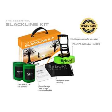 Flybold Slackline Kit - 57ft Slackline with Tree Protectors and Carry Bag - Backyard Tightrope and Ninja Obstacle Course for Kids and Adults - Easy Setup for Balance Training and Core Strength