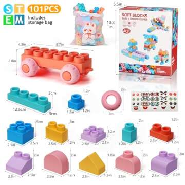 Soft Building Block Sets for Toddler Aged 2 3 4 5 6 Years Old.Preschool Toy for Early Childhood Education and I-Interactive.Toddler Block Toys with 101 Pcs and Storage Bag.Gift Ideas for Kids Age 18M+