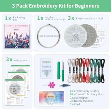 ETSPIL 3 Pack Beginner Embroidery Kits for Adults DIY Starter Kit with 33 Stitch Techniques, Stamped Patterns, Embroidery Hoop, Colorful Threads, Tools, Step by Step Instructions & Video Tutorial