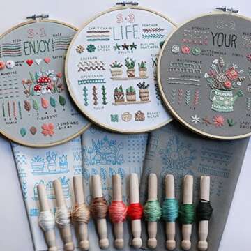 ETSPIL 3 Pack Beginner Embroidery Kits for Adults DIY Starter Kit with 33 Stitch Techniques, Stamped Patterns, Embroidery Hoop, Colorful Threads, Tools, Step by Step Instructions & Video Tutorial