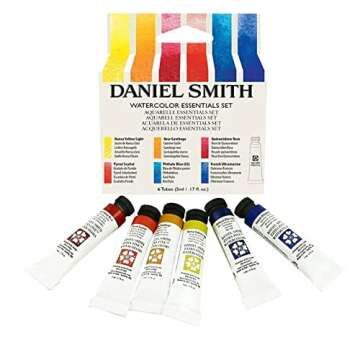 Daniel Smith 285610005 Extra Fine Essentials Introductory Watercolor, 6 Tubes, 5ml, Blue/Transparent/Yellow + Extra Fine Watercolor 66-Dot Try-It Card, Multi Color + White Taklon Real Value Brush Set 5 Piece