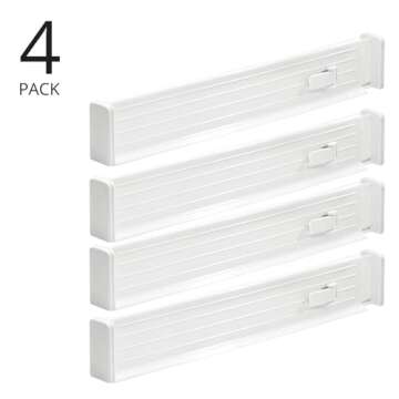 mDesign Expandable Kitchen Drawer Organizer - Adjustable Divider with Foam Ends - Secure Hold, Locks in Place - Separators for Pantry, Cupboard, Cabinet Storage, Ligne Collection, 4 Pack - White