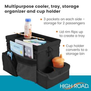 High Road CarHop Car Seat Organizer for the Front or Back Seat for Kids and Adults with Cup Holder Tray, Side Pockets and Cooler Compartment