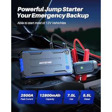 AUTOONE Car Jump Starter 2500A, Battery Jumper Starter Portable for Car Up to 8.0L Gas and 7.0L Diesel Engine Jump Box with Jumper Cables, USB Output and LED Light