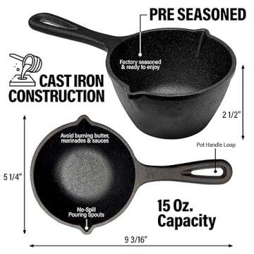 Small Cast Iron Basting Pot with Silicone BBQ Brush – Cast Iron Saucepan for Grilling, Smoking, and BBQ Accessories, 15 Oz