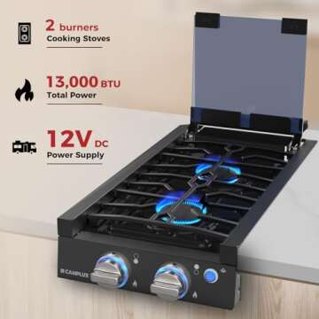 CAMPLUX RV Cooktop 2 Burners Slide-in, Propane Cooktop Stove with Tempered Glass Cover, 12 inches Gas Rangetop with Blue Indicator Light, 13,000BTU, Black