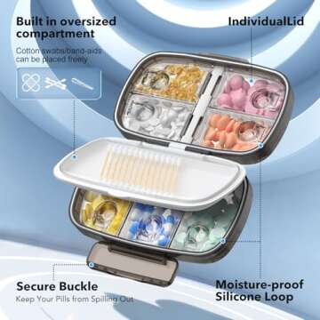 Wangculiao Travel Pill Organizer airtight Medicine Storage Container Pill Box for Purse Vitamin Large Compartments Portable Medication Pocket Pharmacy with Labels Supplement Holder Pill Case