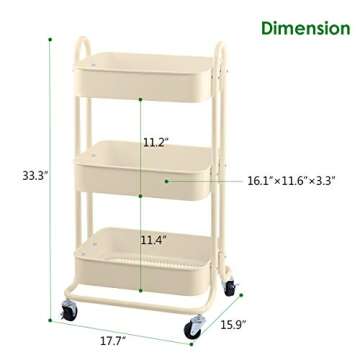 Melody House 3-Tier Metal Mesh Utility Rolling Cart Storage Organization Cart with Wheels, Beige