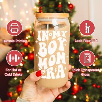 Fairy's Gift Boy Mom Iced Coffee Cup, Cute Boy Mom Gifts, 16 oz Coffee Glass Cups with Lids Straws - in My Boy Mom Era - Boy Mom Christmas, Boy Mama Birthday Gifts - Gifts for New Mom, Expecting Mom