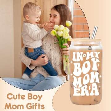 Fairy's Gift Boy Mom Iced Coffee Cup, Cute Boy Mom Gifts, 16 oz Coffee Glass Cups with Lids Straws - in My Boy Mom Era - Boy Mom Christmas, Boy Mama Birthday Gifts - Gifts for New Mom, Expecting Mom