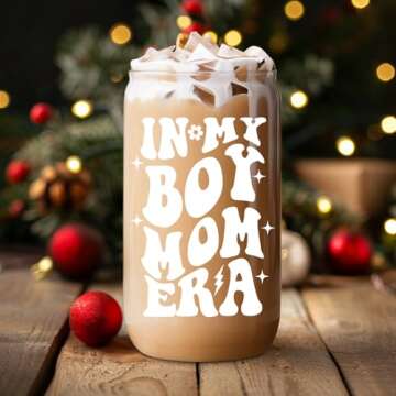 Fairy's Gift Boy Mom Iced Coffee Cup, Cute Boy Mom Gifts, 16 oz Coffee Glass Cups with Lids Straws - in My Boy Mom Era - Boy Mom Christmas, Boy Mama Birthday Gifts - Gifts for New Mom, Expecting Mom