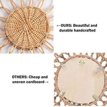 NC BNKEN Rattan Wall Mirror Decorative Round Mirrors Boho Wall Decor 15.75" Natural Handmade for Living Room Bedroom Dining Room Nursery