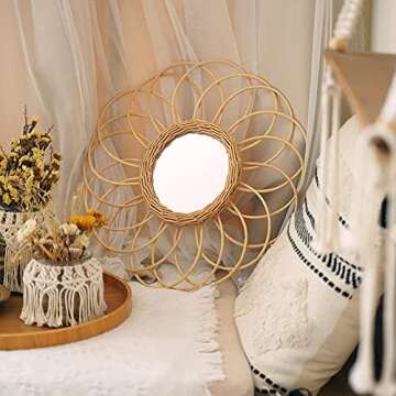 NC BNKEN Rattan Wall Mirror Decorative Round Mirrors Boho Wall Decor 15.75" Natural Handmade for Living Room Bedroom Dining Room Nursery