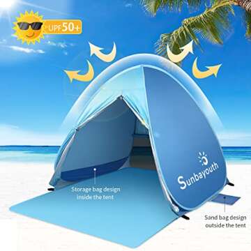 Beach Tent, Sunba Youth Beach Shade, Anti UV Instant Portable Tent Sun Shelter, Pop Up Baby Beach Tent, for 2-3 Person