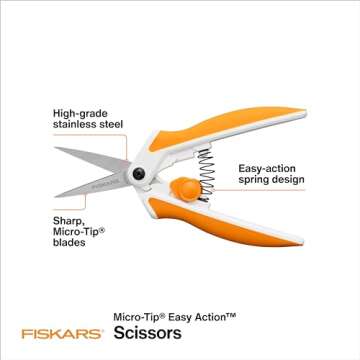 Fiskars Micro-Tip Spring Assisted Scissors, Precision Cutting Stainless Steel Blades, Comfort Handle, Cut Details in Fabric, Sewing Scissors and Arts and Crafts Tools