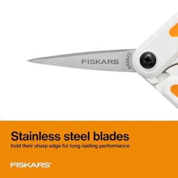 Fiskars Micro-Tip Spring Assisted Scissors, Precision Cutting Stainless Steel Blades, Comfort Handle, Cut Details in Fabric, Sewing Scissors and Arts and Crafts Tools