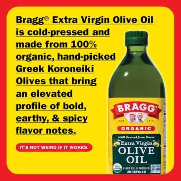 Bragg Organic Extra Virgin Olive Oil – Made with Greek Koroneiki Olives – Cold Pressed EVOO for Marinades & Vinaigrettes – USDA Certified, Non-GMO, Kosher 32 oz