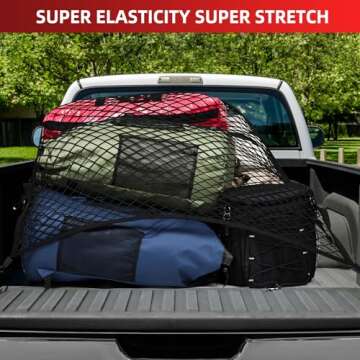 Cargo Net for Pickup Truck Bed,Truck Bed Net,4' x 4' Stretches to 8'x8'Highly Elastic Cargo Net,Stretchable Mesh Organizer for Pickup Trunk Bed,Truck Cargo Net with 6 Pcs Metal Carabiner and 6 Hook.