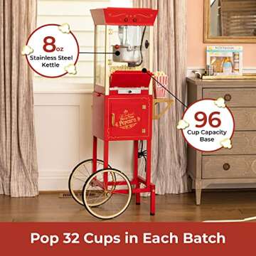 Nostalgia Popcorn Maker Machine - Professional Cart With 8 Oz Kettle Makes Up to 32 Cups - Vintage Popcorn Machine Movie Theater Style - Red