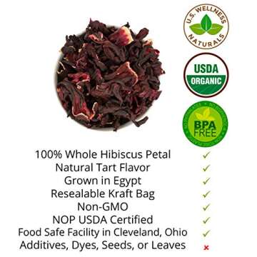 Hibiscus Tea 1LB (16Oz) 100% CERTIFIED Organic Hibiscus Flowers Herbal Tea (WHOLE PETALS), Caffeine Free in 1 lbs. Bulk Resealable Kraft BPA free Bags from U.S. Wellness