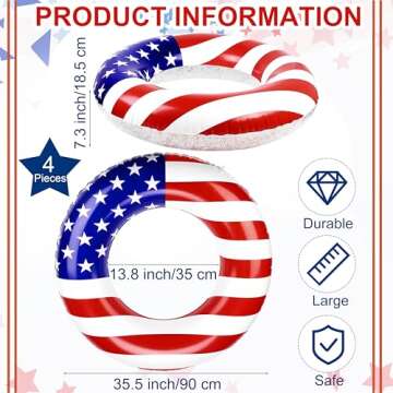 Elcoho 4 Pack Inflatable USA Pool Float Tube USA Flag Swimming Rings Filled with Sparkle Silver Stars Confetti 36 Inches Patriotic Toys Pool Float for Independence Day, Memorial Day, Veterans Day