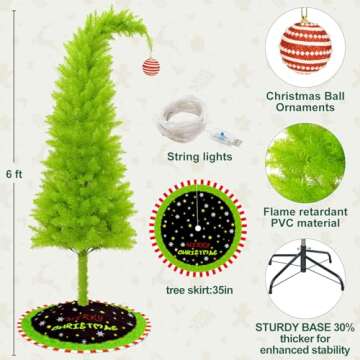 Christmas Tree, Artificial Christmas Tree 6FT, Lime Green Christmas Tree with Christmas Tree Skirt, Whimsical Bendable Holiday Tree with Ornament, Perfect for Indoor and Outdoor Christmas Decorations