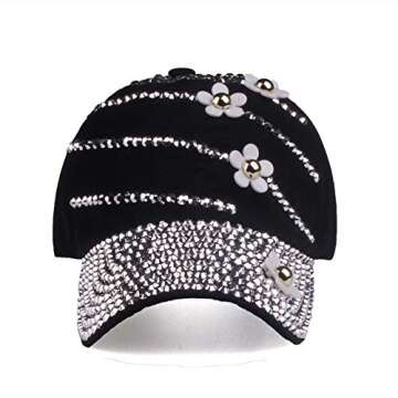 LUCKYBUNNY Women Bling Baseball Cap with Flower, Vintage Adjustable Low-Profile Dad Hat Sport Strapback Caps for Ladies Black