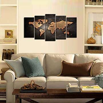 KREATIVE ARTS Retro World Map Poster Framed 5 Pcs Giclee Canvas Prints Vintage Abstract World Map Painting Printed on Canvas Ready to Hang for Living Room Office Decor Gift