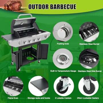 Propane Grill 4 Burner Barbecue Grill Stainless Steel Gas Grill with Side Burner and Thermometer for Outdoor BBQ, Camping