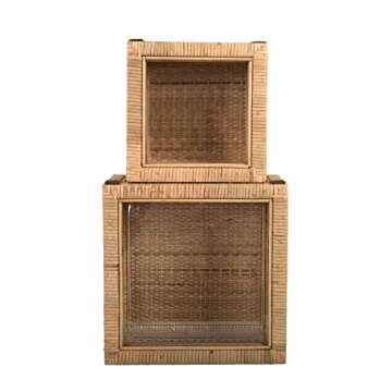 Creative Co-Op Modern Decorative Square Woven Rattan and Wood Display Boxes with Glass Top, Set of 2 Sizes, Natural Finish