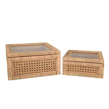 Creative Co-Op Modern Decorative Square Woven Rattan and Wood Display Boxes with Glass Top, Set of 2 Sizes, Natural Finish