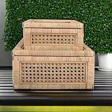 Creative Co-Op Modern Decorative Square Woven Rattan and Wood Display Boxes with Glass Top, Set of 2 Sizes, Natural Finish