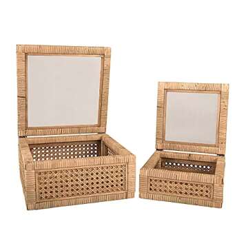 Creative Co-Op Modern Decorative Square Woven Rattan and Wood Display Boxes with Glass Top, Set of 2 Sizes, Natural Finish