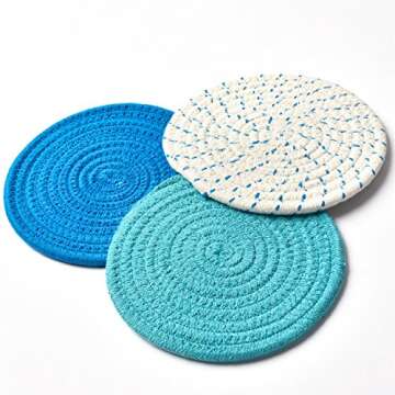 Kitchen Pot Holders Set Trivets Set 100% Pure Cotton Thread Weave Hot Pot Holders Set (Set of 3) Stylish Coasters, Hot Pads, Hot Mats, Spoon Rest for Cooking and Baking by Diameter 7 Inches (Blue)