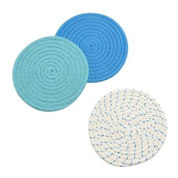 Kitchen Pot Holders Set Trivets Set 100% Pure Cotton Thread Weave Hot Pot Holders Set (Set of 3) Stylish Coasters, Hot Pads, Hot Mats, Spoon Rest for Cooking and Baking by Diameter 7 Inches (Blue)