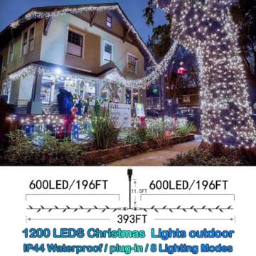 393FT Outdoor Christmas Lights 1200 LED Christmas Lights with 8 Modes Waterproof Led String Lights Plug In Christmas Decorations Outdoor Indoor for Holidays Party Wedding Xmas Home Decor Cool White