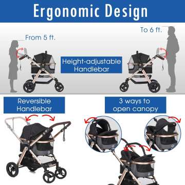 Pet Rover Prime 3-in-1 Luxury Dog/Cat Stroller (Travel Carrier + Car Seat +Stroller) with Detach Carrier/Pump-Free Rubber Tires/Aluminum Frame/Reversible Handle for Medium & Small Pets (BLACK)