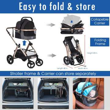 Pet Rover Prime 3-in-1 Luxury Dog/Cat Stroller (Travel Carrier + Car Seat +Stroller) with Detach Carrier/Pump-Free Rubber Tires/Aluminum Frame/Reversible Handle for Medium & Small Pets (BLACK)