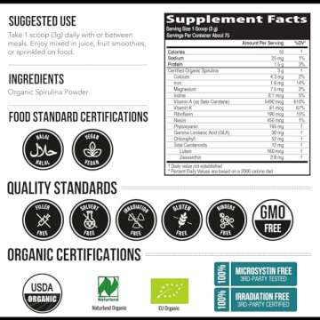 Organic Spirulina Powder - Made with Parry® Spirulina. The Best Spirulina in The World, Highest Nutrient Density - Non-Irradiated, 4 Organic Certifications, Vegan Farming Process (75 Servings - 8 oz.)