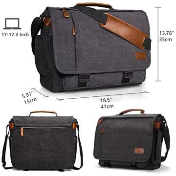 ESTARER Messenger Bag for Men 17-17.3 Inch Laptop Bag Water-resistant Canvas Computer Shoulder Bag Briefcase for Work College Travel, Grey