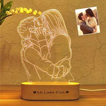 Magic Lunar Romantic Custom 3D Photo Lamp Glass Night Light Handmade Drawing Minimalist Line Art Picture Engraving Illusion Light Up Sign Plaque with Wood Stand, Anniversary Valentines Birthday Gift