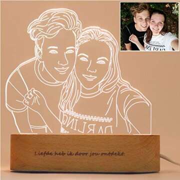 Magic Lunar Romantic Custom 3D Photo Lamp Glass Night Light Handmade Drawing Minimalist Line Art Picture Engraving Illusion Light Up Sign Plaque with Wood Stand, Anniversary Valentines Birthday Gift