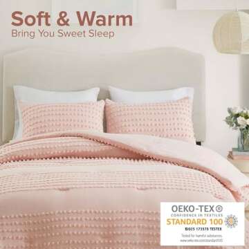 Comfort Spaces Cotton Comforter Set Jacquard Pom-Pom Tufts Design, Down Alternative, All Season Modern Bedding, Matching Shams, Full/Queen, Phillips, Blush